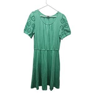 Talbots Slub Knit Fit & Flare Midi Dress Eyelet Elastic Waist Womens L Green